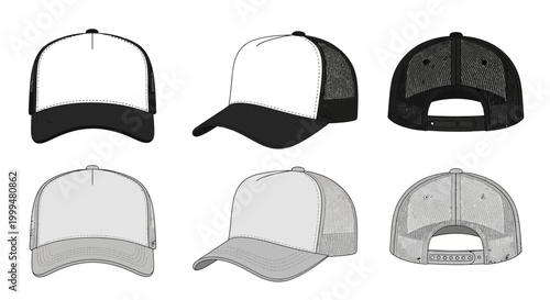 Bild auf Leinwand Vector templates of trucker hats in multiple views front, side, back