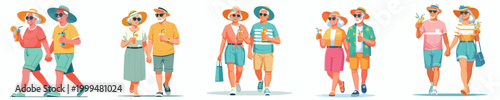vector old couple walking holding cold drinks in summer clothes