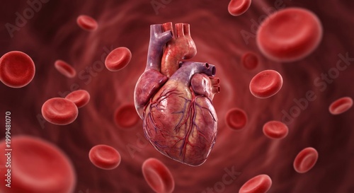 Realistic human heart surrounded by flowing red blood cells, symbolizing cardiovascular system, circulation, health risks and medical science. Healthcare, cardiology and disease awareness concepts