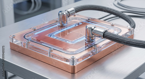 Liquid cooling block for computer processor heat dissipation system with copper base plate finish.
