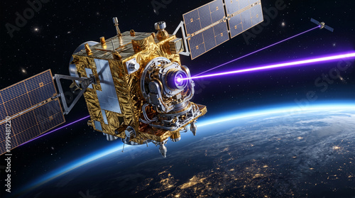Scientific research satellite in low earth orbit transmitting laser communication beams to ground.