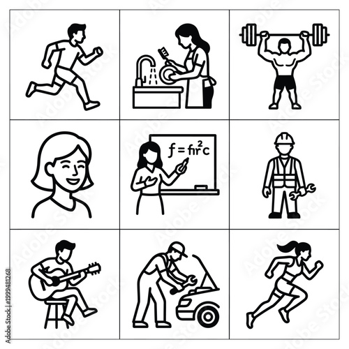 Diverse occupations and daily activities illustrated in a grid format showcasing work, leisure, and lifestyle