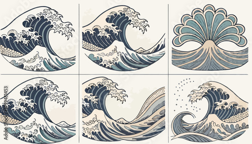 Japanese wave illustrations in a vintage style, featuring six distinct designs showcasing the power and beauty of the ocean