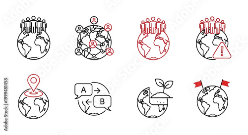 Tableau sur toile Essential outline icon set representing global population, digital networks, soc