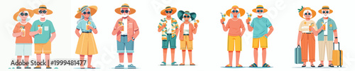 vector old couple standing holding cold drinks in summer clothes