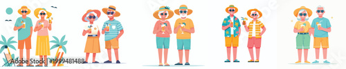 vector old couple standing holding cold drinks in summer clothes