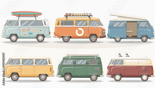A diverse collection of colorful vintage-inspired camper vans, each uniquely equipped for adventurous road trips and leisurely explorations, evoking a sense of nostalgic freedom and journey