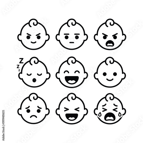 Various baby faces displaying different emotions in a cartoon style