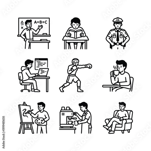 Collection of Diverse Professions and Hobbies Depicted in Simple Line Art Icons, Showcasing a Range of Human Activities and Lifestyles