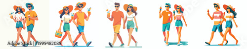 vector couple walking holding cold drinks in summer clothes
