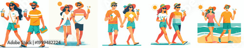 vector couple walking holding cold drinks in summer clothes