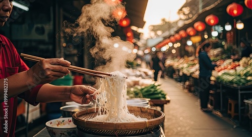 Street food vendor preparing fresh noodles in a bustling market