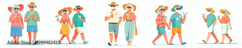 vector old couple walking holding cold drinks in summer clothes
