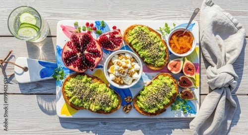 Healthy breakfast platter with avocado toast, pomegranate, and figs