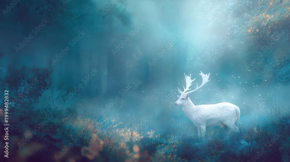 Fototapeta premium White deer standing in a misty forest at twilight. Enchanted woodland scene with ethereal light. Fairy tale nature concept for fantasy art, wallpaper and magical atmospheric background.