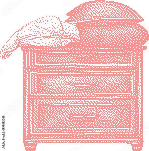 Bedroom dresser with stacked pillows and folded blanket in soft pink tint