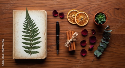 Flat lay of a journal with a fern leaf, cinnamon, and decor