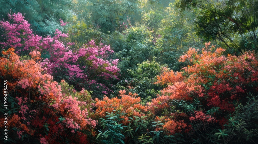 Fototapeta premium Blooming azalea bushes in spring botanical garden. Lush pink and orange flower landscape with dense green foliage. Natural floral background for seasonal nature concept and park design.