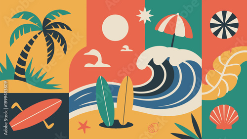 A vibrant summer scene depicting tropical elements and beachside relaxation