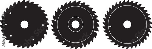 Three black silhouette circular saw blades with sharp teeth, representing tools, industry, construction, and DIY projects, isolated on a white background.