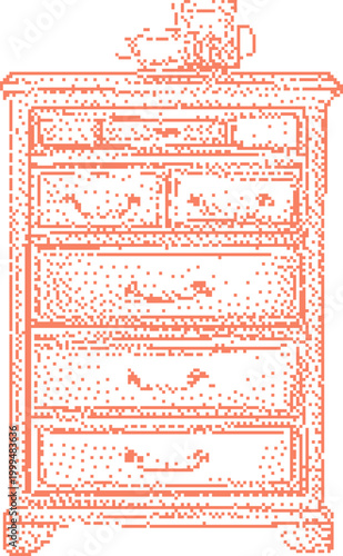 Vintage wooden dresser with ornate handles and decorative top element in a warm coral hue