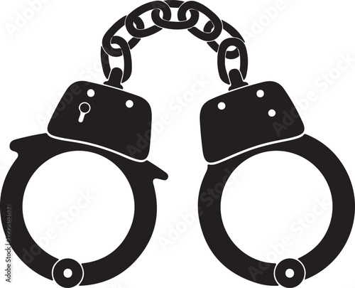 A pair of black silhouette handcuffs connected by a chain, representing restraint, arrest, justice, law enforcement, and the consequences of actions.