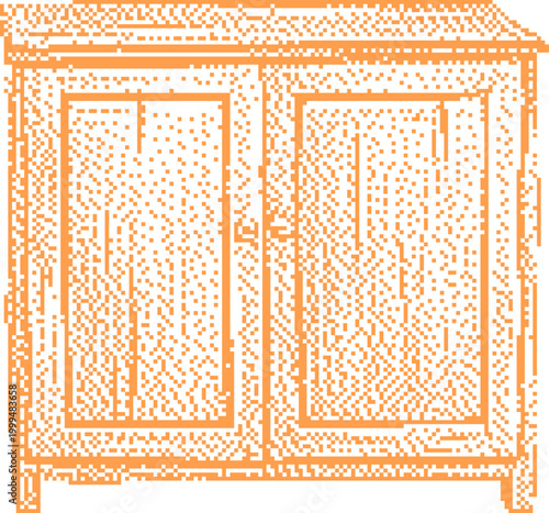 Wooden cabinet with double doors and detailed texture rendered in a minimalist line art style