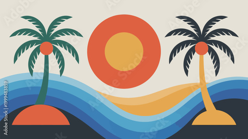 Tropical landscape with palm trees sun and stylized waves in retro style