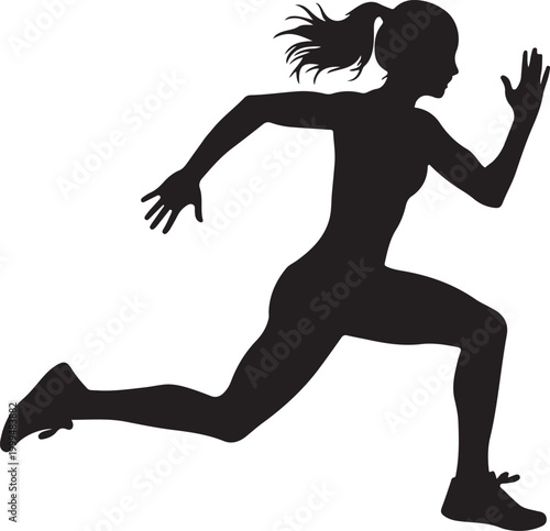 Dynamic silhouette of a fit woman running with speed and determination, her ponytail trailing, showcasing athleticism, fitness, and a healthy lifestyle in motion.