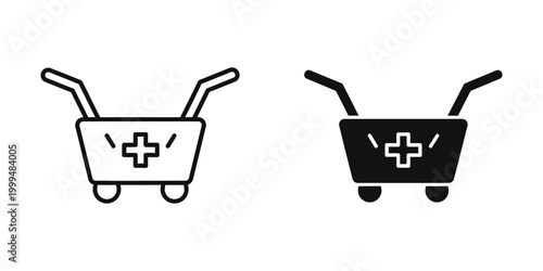 Shopping cart icon with medical cross symbol in black and outline styles