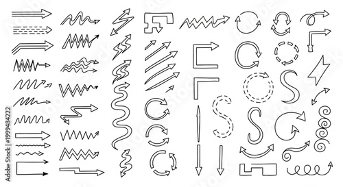 Collection of hand-drawn arrows in various styles, including straight, curved, zigzag, and dotted lines, representing direction and movement