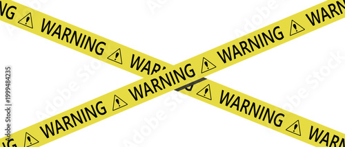 Yellow warning tape with black text and triangle exclamation icons crossing each other