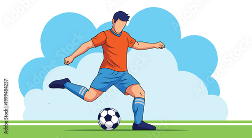 Illustration of a soccer player in an orange jersey kicking a ball on a green field