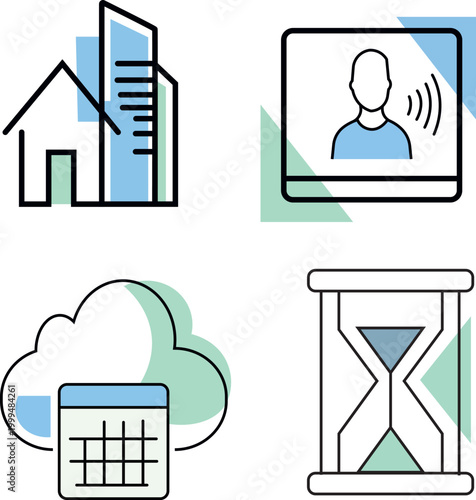 Modern Linear Icons for Property Development, Digital Communication, and Time Management Concepts.