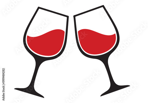 Two wine glasses clinking together with red wine inside