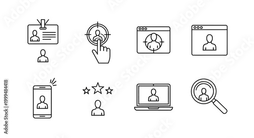 Set of icons depicting recruitment and hiring process, user profiles, job search, and employee identification