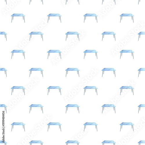 Repeating modern furniture pattern featuring blue glass top tables with grey legs
