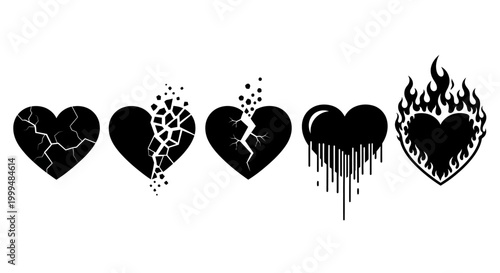 A series of five black heart icons illustrating the emotional stages of heartbreak, from cracking and breaking to melting and burning, symbolizing profound loss