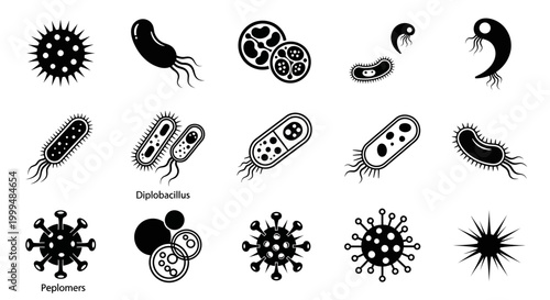 Comprehensive vector illustration set featuring various microscopic organisms, including diverse forms of bacteria, viruses, and other biological microbes, essential for scientific, medical, 