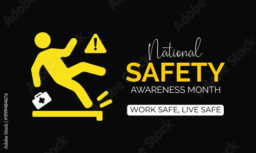 Every year in June, National Safety Month is recognized to promote safety awareness. Banner of featuring construction icons, protective symbols, and bold yellow-black contrast for industrial campaigns