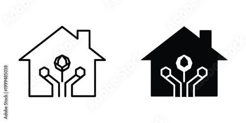 Smart house icon with circuit lines inside representing technology and home connection