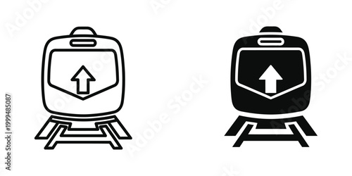 Simple icon of subway train with arrow on front, black and white line drawing