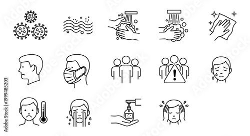 Essential Health and Hygiene Line Icons Collection Illustrating Symptoms, Prevention, and Safety Protocols for Viral Illnesses and Public Well-being