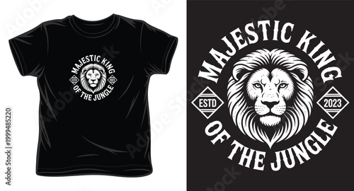 Majestic king of the jungle lion head emblem t-shirt design with vintage circular typography.
