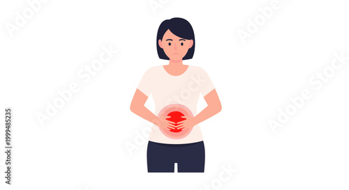Illustration of woman holding her stomach with a red pain indicator, against a simple white background