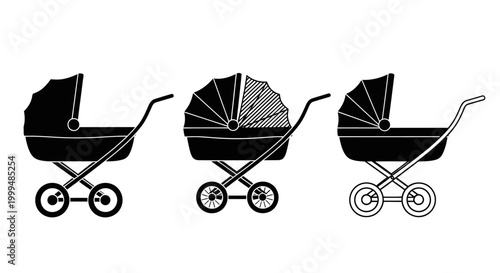 Set of black and white silhouette icons depicting modern baby strollers and prams, representing essential infant transport equipment and childcare accessories for families