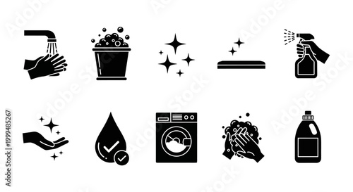 Collection of hygiene and cleaning vector icons illustrating essential sanitation practices handwashing, laundry, and surface disinfection for a pristine environment