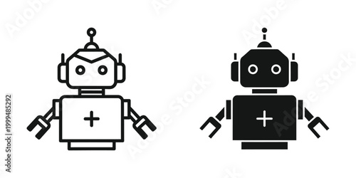 Simple robot icon in black outline with basic features and antenna on head