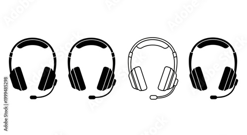 Four different styles of headphones with microphones displayed in a row on a white background, representing audio equipment