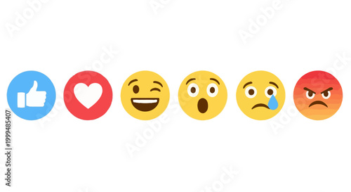 A collection of universally recognized emoji icons, illustrating a range of emotions and reactions from approval to anger